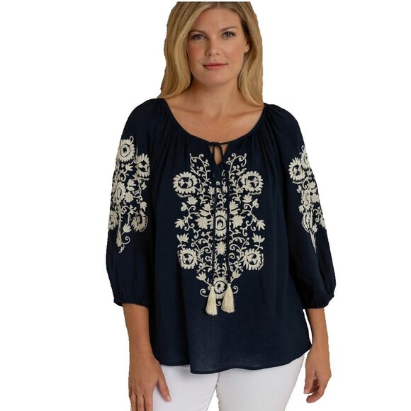 Karen Kane Women’s Navy Blue Peasant Blouse Size Large Embroidered Boho Cotton - Picture 1 of 6